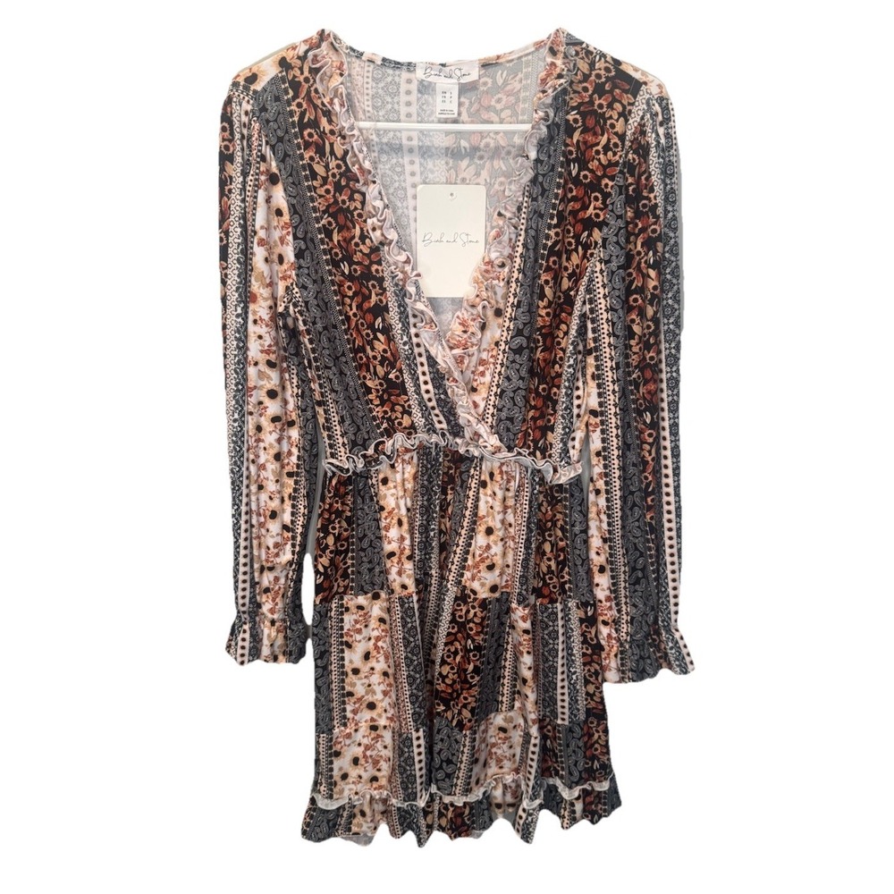 Birch & Stone Sunflower Paisley Patchwork Long‎ Sleeve Ruffle Mini Dress S NEW